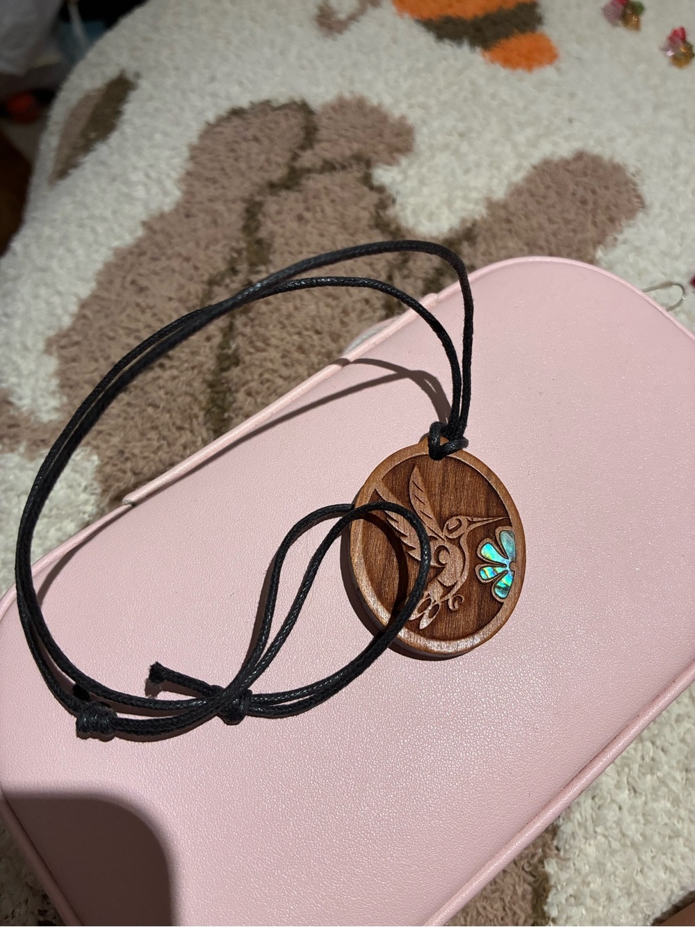 Hand Carved Hummingbird Wood Pendant Necklace by Artist Lou-ann Nee